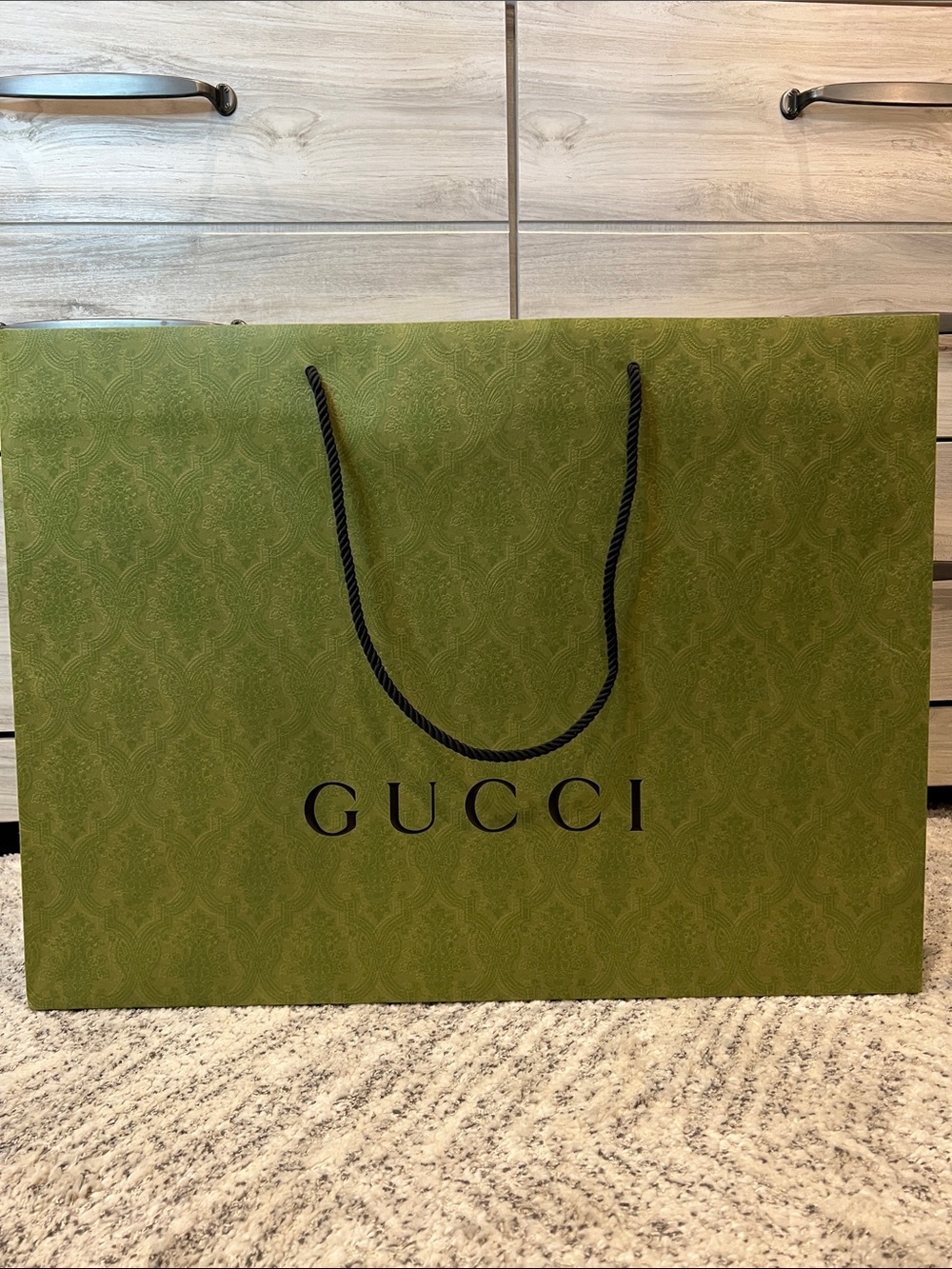 Gucci Authentic Olive Green Logo Extra Large Shopping Bag with Black Handles